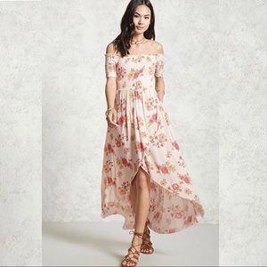 Off the Shoulder Smocked Shirred Floral Dress